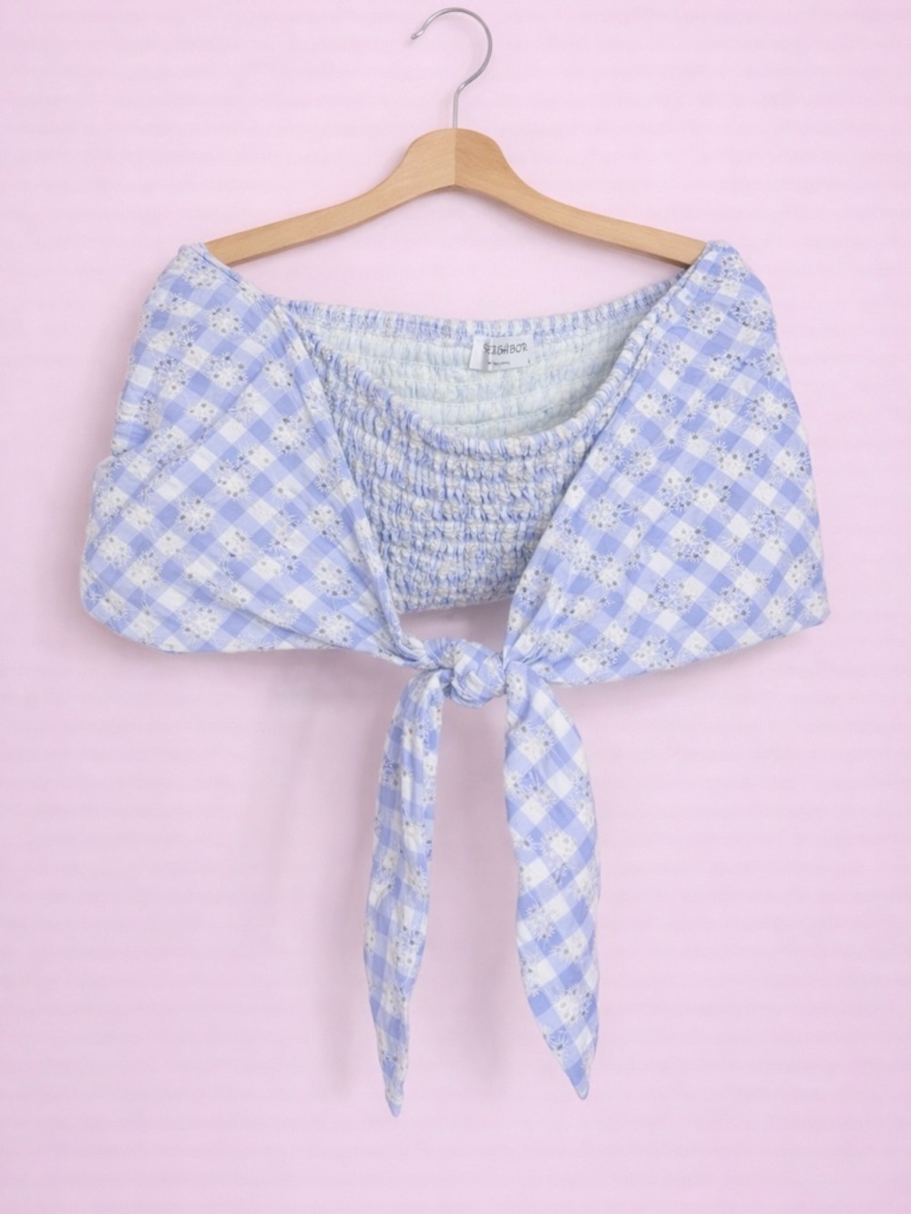 Smocked Tie-Front Crop Top in Light Blue Gingham